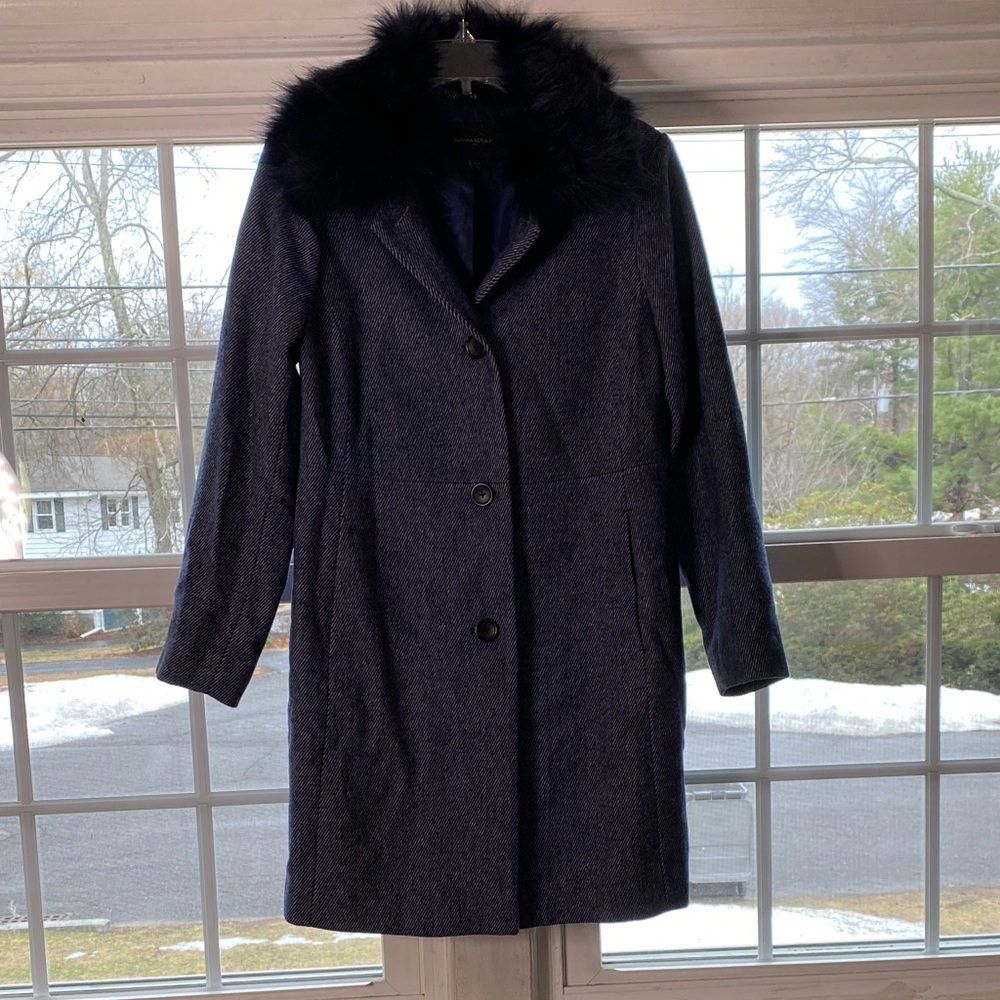 Banana Republic Navy Wool-Blend Pea Coat with Faux Fur Collar